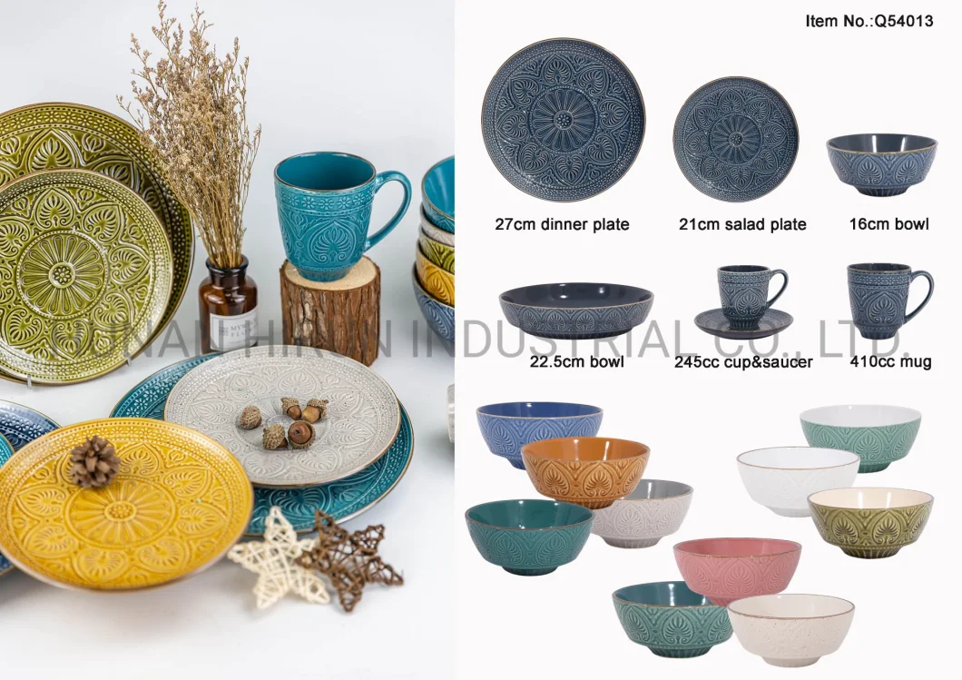 Hot Sale Floral Embossed Solid Color Ceramic Dinnerware with Metallic Color Rim