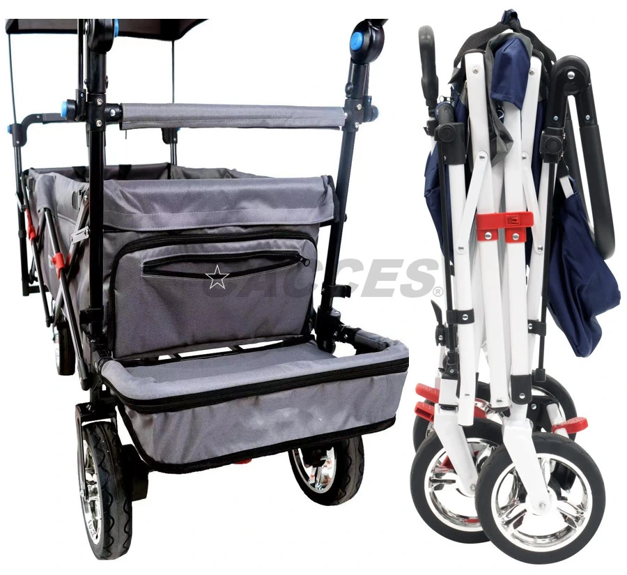 Push&Pull Collapsible Utility Wagon,Heavy Duty Folding Portable Hand Cart W/Removable Canopy,Tray,7&prime;&prime; Chrome Wheel,Adjustable Handles for Shopping,Camping,Beach