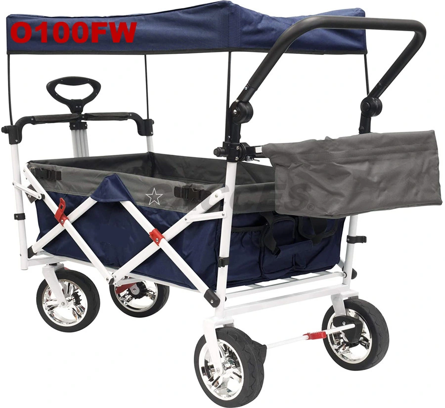 Push&Pull Collapsible Utility Wagon,Heavy Duty Folding Portable Hand Cart W/Removable Canopy,Tray,7&prime;&prime; Chrome Wheel,Adjustable Handles for Shopping,Camping,Beach