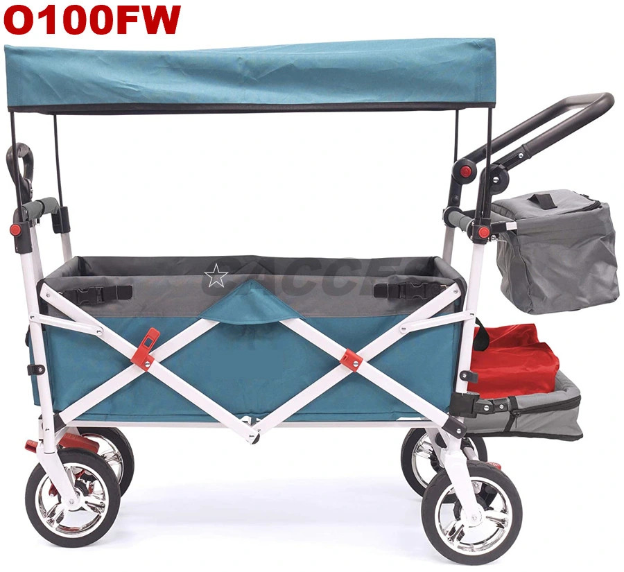 Push&Pull Collapsible Utility Wagon,Heavy Duty Folding Portable Hand Cart W/Removable Canopy,Tray,7&prime;&prime; Chrome Wheel,Adjustable Handles for Shopping,Camping,Beach